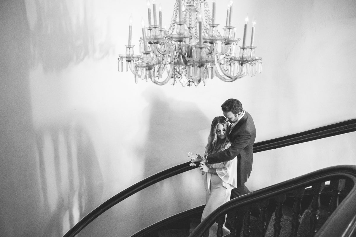 Chicago engagement photography on staircase